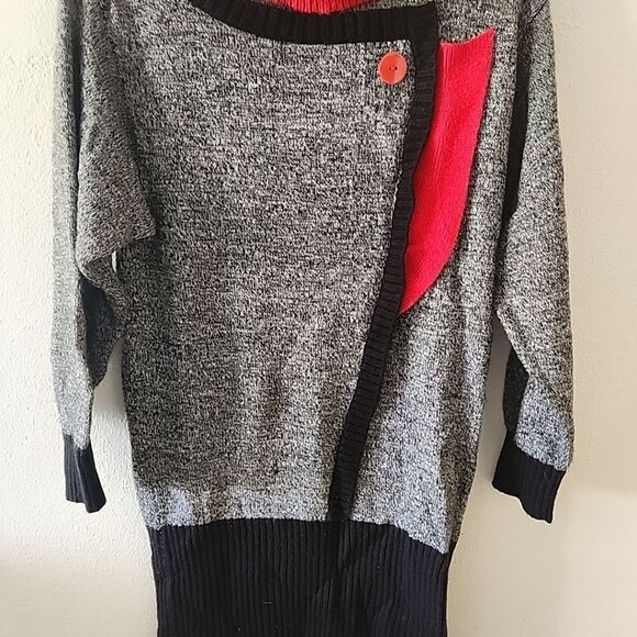 Vintage 80s A'Milano Knit Acrylic Mom Sweater Dress USA Size Large Black Red - Picture 2 of 4